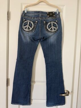 Miss Me Blue Bootcut Jeans with Embroidered Peace sign Pockets